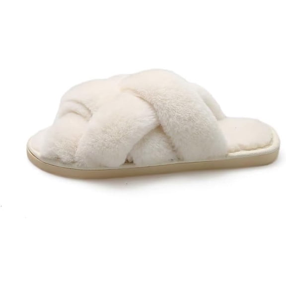 Women Slippers Cross Weave Band Fuzzy Cushion Non-slip Flat House Bedroom Slides for Indoor Outdoor