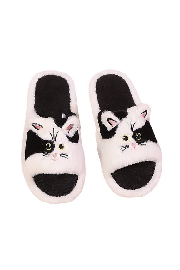 Women Slippers Cute Cat Print Open Toe Flat Design Soft Fuzzy Material Comfortable Indoor Slides Cozy Home Footwear For Ladies Fall And Winter Daily Wear ,Us Size:6