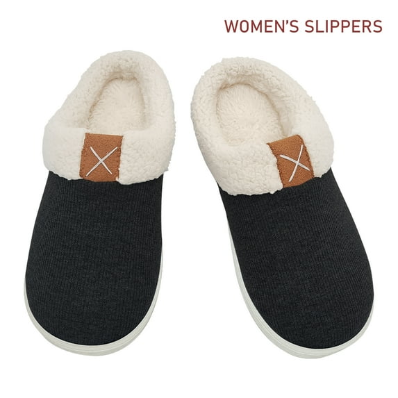 Women Slippers, House Cozy Slippers for Womens, Soft Wool-Like Plush Slippers for Indoor & Outdoor with Memory Foam Non-Slip Sole, Black, Size 11-12
