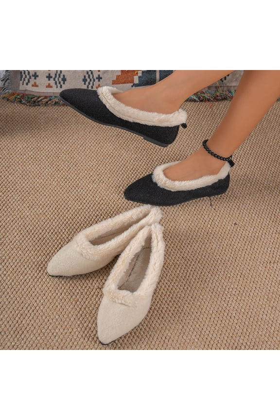 Women Slippers Indoor Slip-on Pointy Toe Flats Slides Loafer Slippers Women's Casual Winter Plus Velvet Warm Solid Color Lightweight Shoes