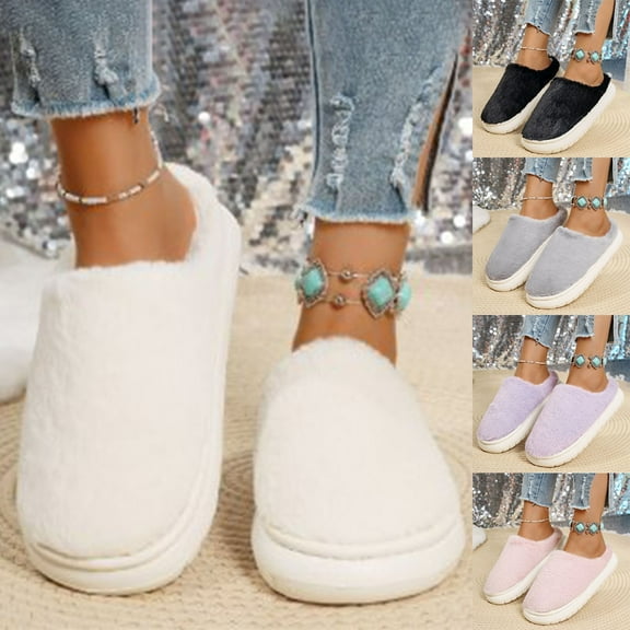Women Slippers Non-Slip Flat Heel Closed Toe Slip-on House Warm Shoes Women's Fashion Casual Home Indoor Outdoor Plus Velvet Warm SlippersWhite 5.5