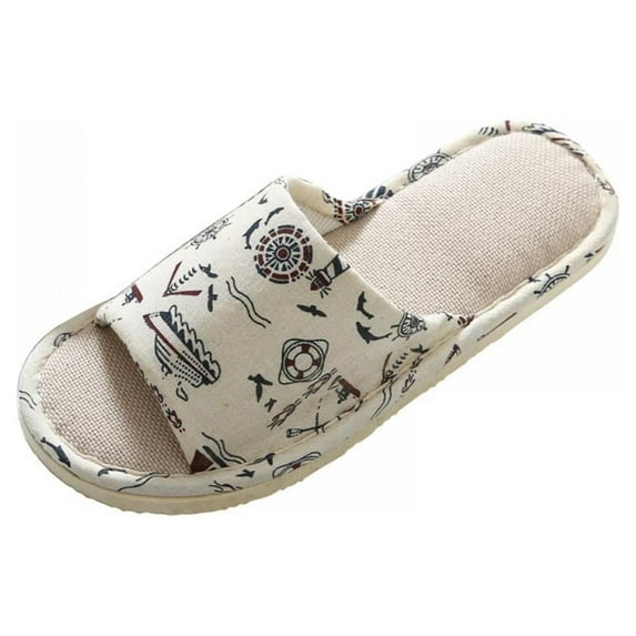 Women Slippers Soft Open Toe Anti-Slip Indoor Outdoor Print Linen Casual Home Shoes