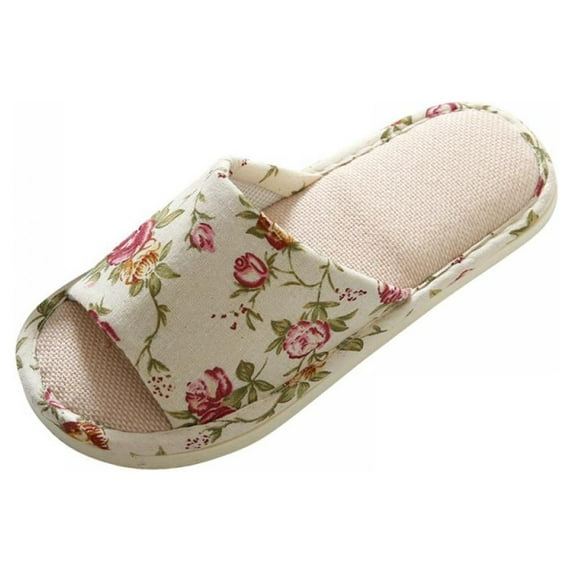 Women Slippers Soft Open Toe Anti-Slip Indoor Outdoor Print Linen Casual Home Shoes