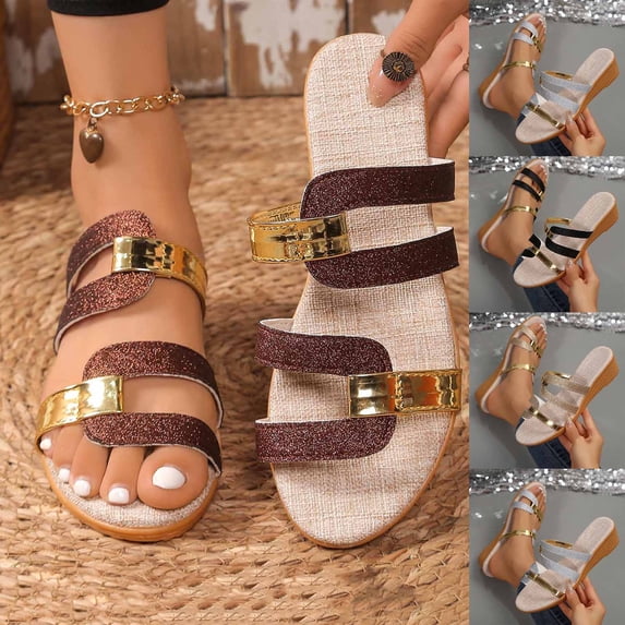 Women Slippers Wedge Breathable Open Toe Slip-on Peep Toe Slides Women Footwear Causal Summer Dressy Beach Shoes Gold 9.5