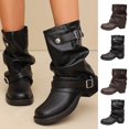 thumbnail image 1 of Women Slouch Mid Calf Biker Boots, Round Toe Multi Buckle Faux Leather Motorcycle Booties, Low Block Heel Non Slip Vintage Riding Boots for Fall Winter Brown 8.5(42), 1 of 9
