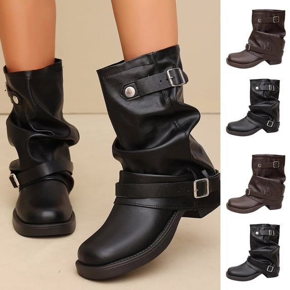 Women Slouch Mid Calf Biker Boots, Round Toe Multi Buckle Faux Leather Motorcycle Booties, Low Block Heel Non Slip Vintage Riding Boots for Fall Winter Brown 8.5(42)