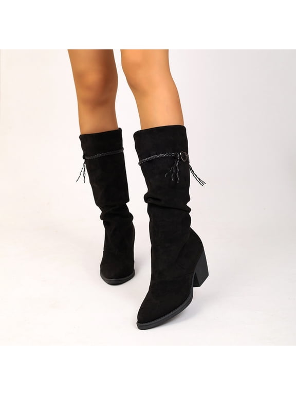 Women Slouch Mid Calf Boots, Tassel Braided Strap Block Heel Boots, Faux Suede Pull‑On Western Boots for Fall Winter