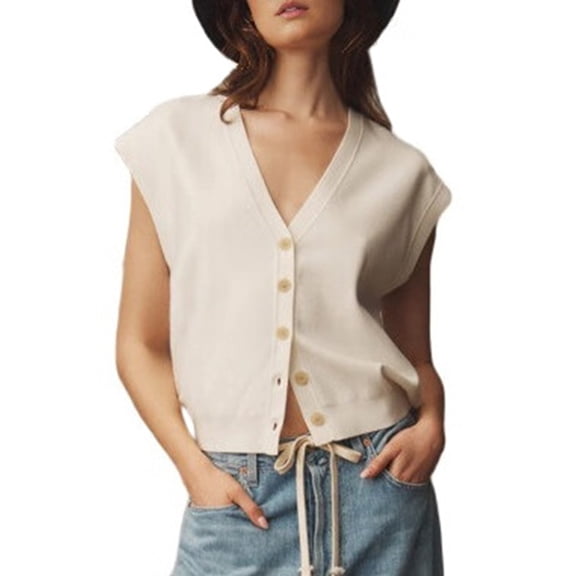 Women Slouchy Cardigan Sweater Vest Cap Sleeve Jacket V Neck Button Down Knit Outwear Vests White M