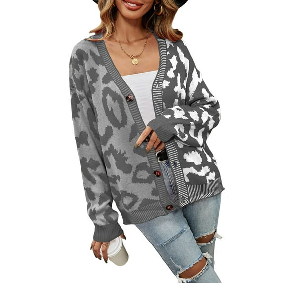 Women Slouchy Checkered Cardigan Open Front Oversized Vintage Graphic Sweaters Plaid Knit Outwear Coat Grey XL