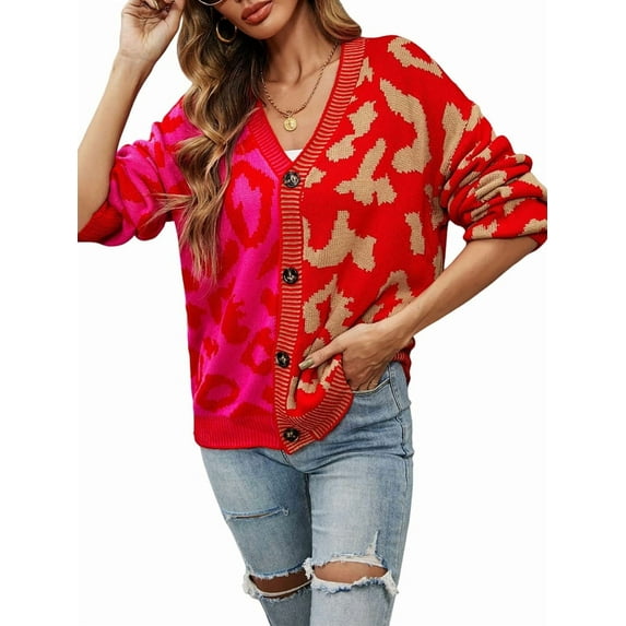 Women Slouchy Checkered Cardigan Open Front Oversized Vintage Graphic Sweaters Plaid Knit Outwear Coat Wine Red M