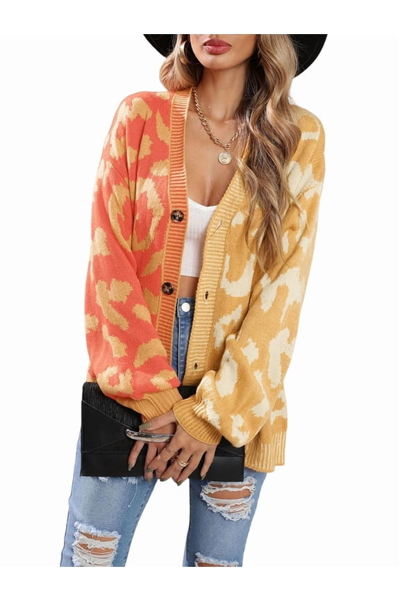Women Slouchy Checkered Cardigan Open Front Oversized Vintage Graphic Sweaters Plaid Knit Outwear Coat Yellow M