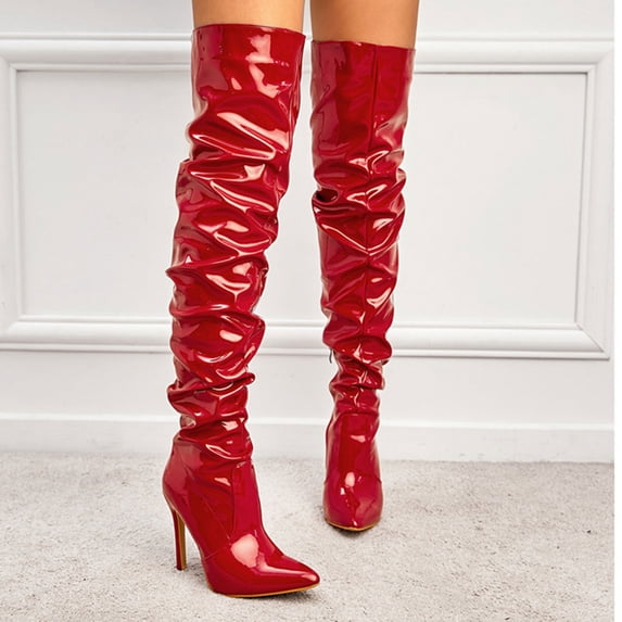 Women Slouchy High Heel Boots Leather Stiletto Heel Knee High Boot Pointed Toe Thigh High Shoes