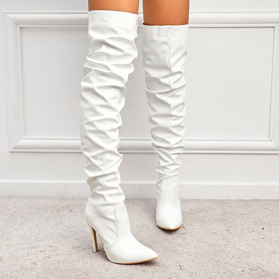 Women Slouchy High Heel Boots Leather Stiletto Heel Knee High Boot Pointed Toe Thigh High Shoes