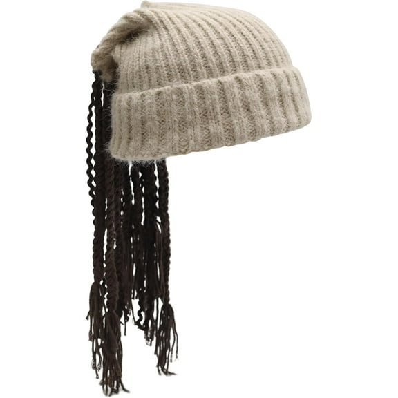 Women Slouchy Knit Beanie with Braided Tassel Warm Winter Stretch Skull Cap