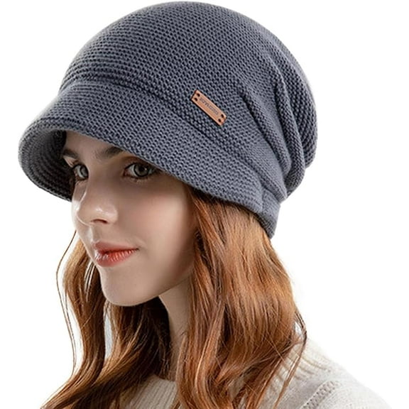 Women Slouchy Knit Hat, Winter Warm Fleece Lined Beanie Hat, Stretchy Skull Cap with Visor Brim