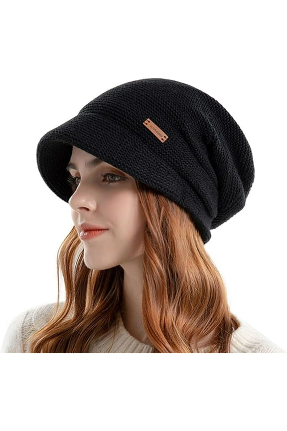 Women Slouchy Knit Hat, Winter Warm Fleece Lined Beanie Hat, Stretchy Skull Cap with Visor Brim
