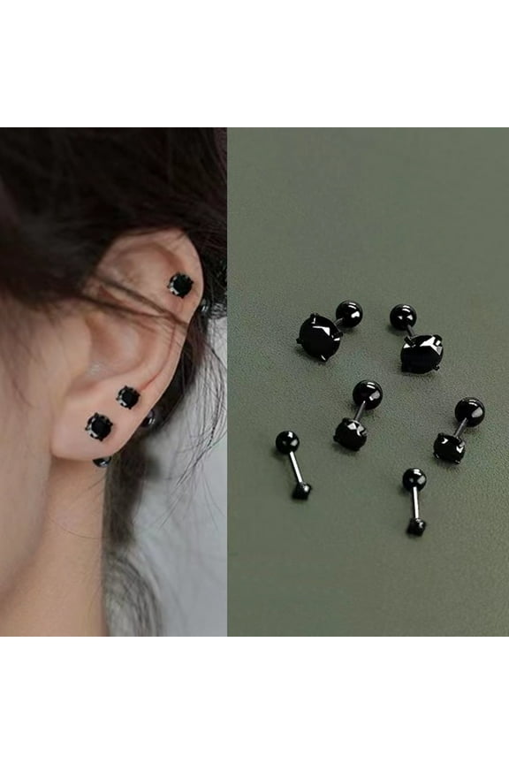 Women Small Black CZ Diamond Stud Earrings, Hypoallergenic Screw Back Ear Stud 3mm, Gift For Her