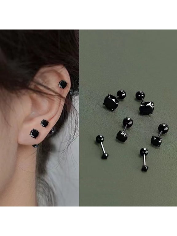Women Small Black CZ Diamond Stud Earrings, Hypoallergenic Screw Back Ear Stud 3mm, Gift For Her