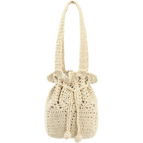 Women Small Cotton Woven Shoulder Bag Beach Tote Drawstring Bucket Bag