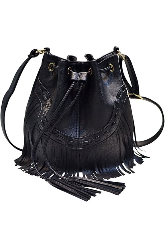 Women Small Fringed Faux Leather Crossbody Bag Drawstring Shoulder Bag Boho Bucket Bag