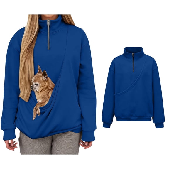 Women Small Pet Pouch Sweatshirt Quarter Zip Pet Carrier Sweatshirt Casual Long Sleeve Oversized Pocket Pullover Shirt for Women Winter Clothes