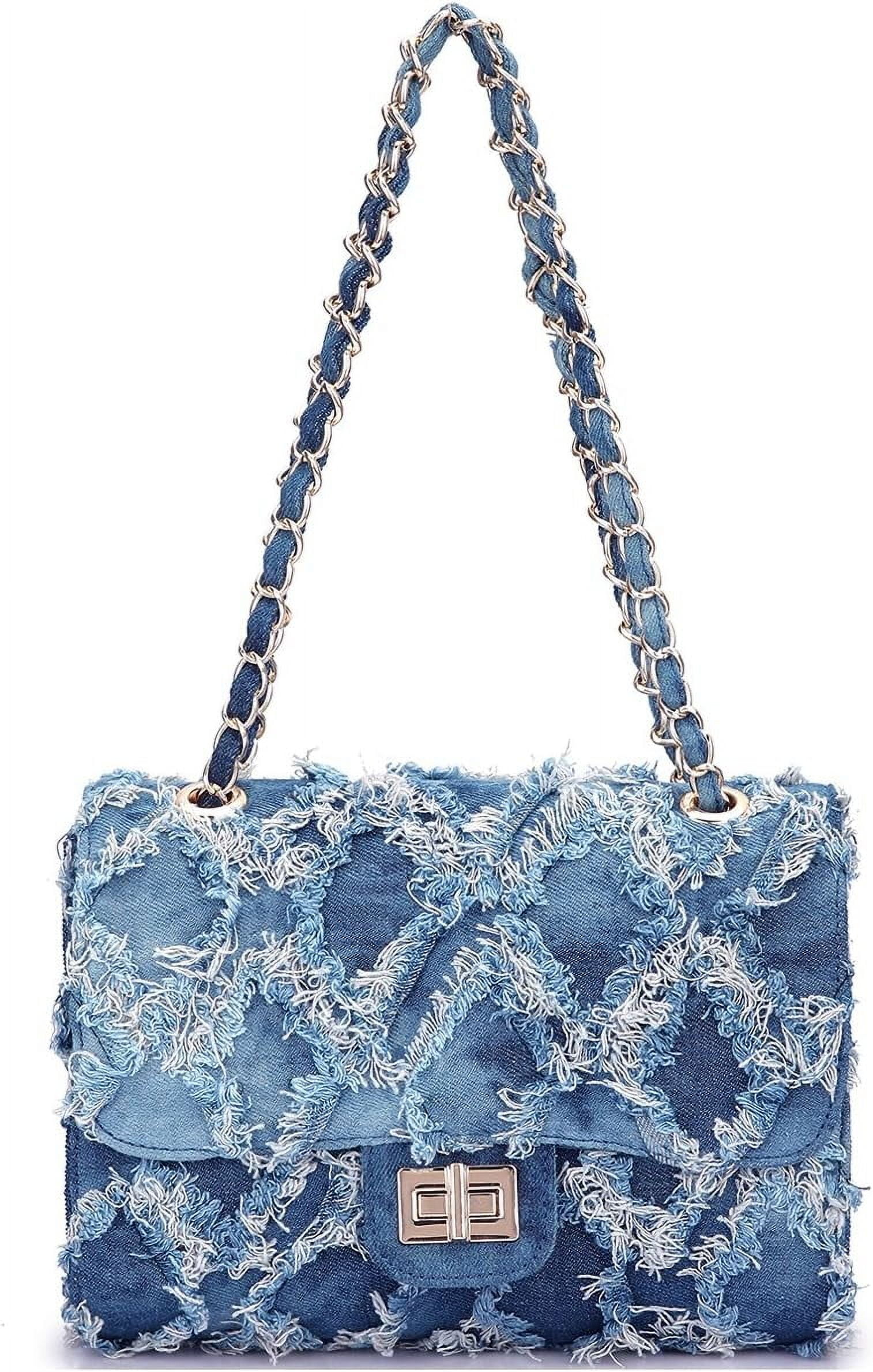 Women Small Shoulder Bags Quilted Crossbody Distressed Jean Denim Purse Evening Bag Clutch Handbag with Chain Strap