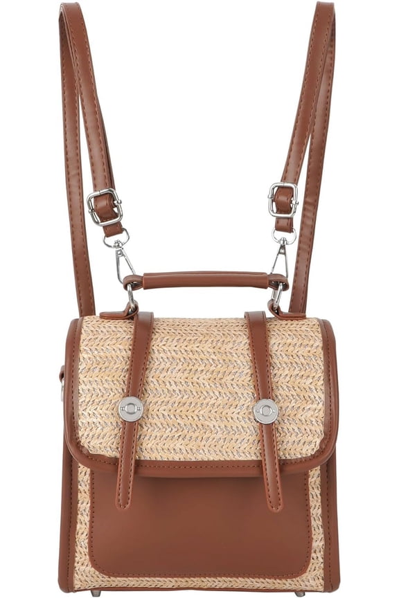 Women Small Straw Woven Backpack Flap Drawstring Daypack Convertible Cross-body Bag