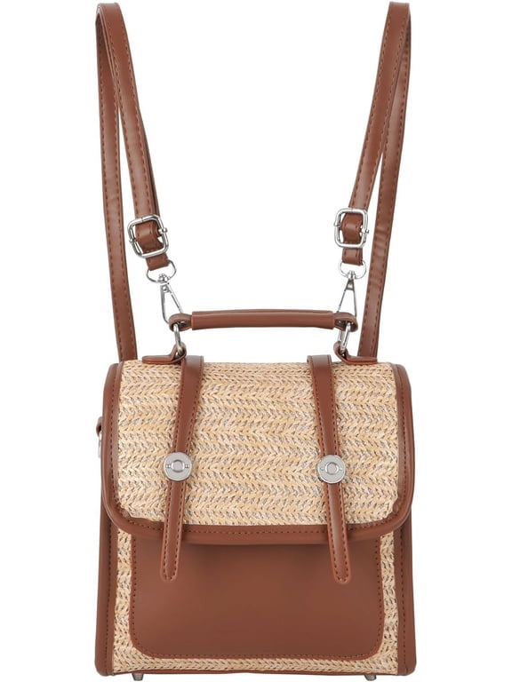 Women Small Straw Woven Backpack Flap Drawstring Daypack Convertible Cross-body Bag