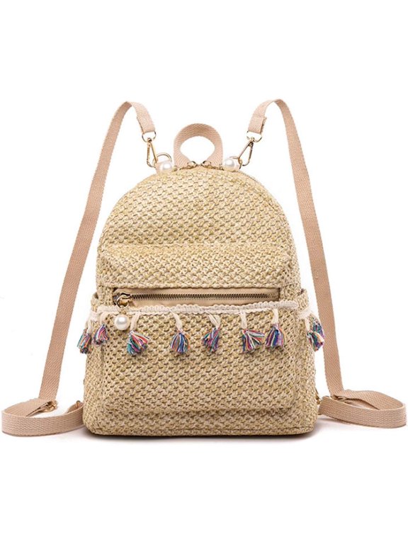 Women Small Tassels Pearl Zipper Straw Woven Backpack Daypack Convertible Cross-body Shoulder Bag