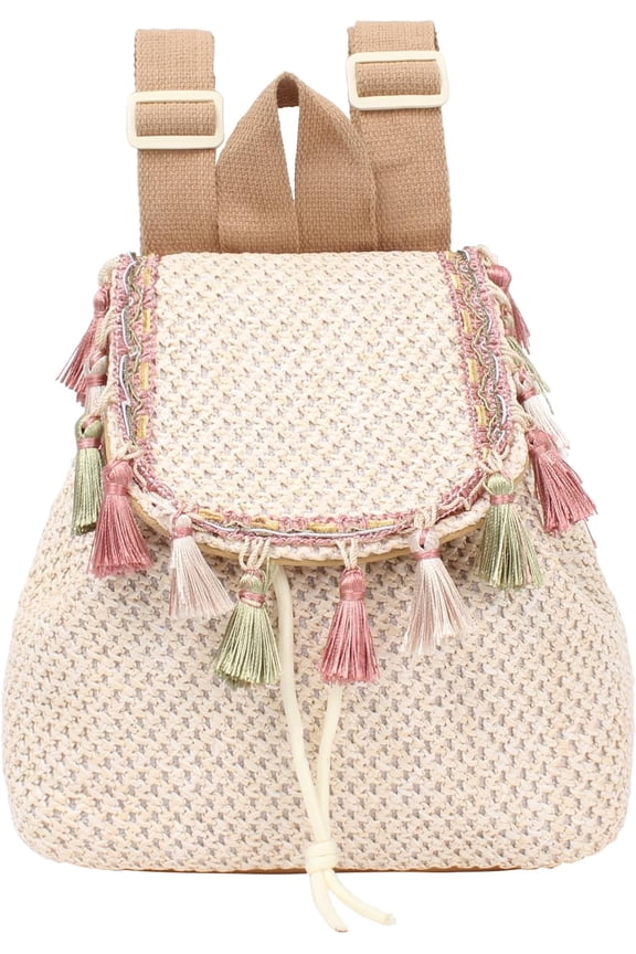 Women Small Tassels Straw Woven Backpack Flap Drawstring Bucket Bag