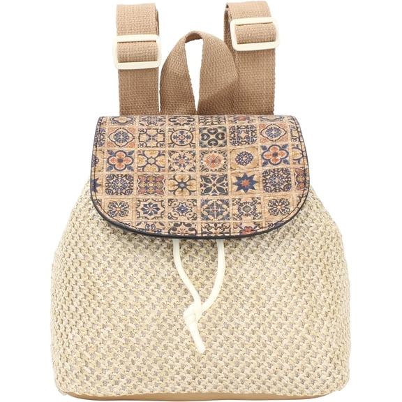 Women Small Tassels Straw Woven Backpack Flap Drawstring Bucket Bag