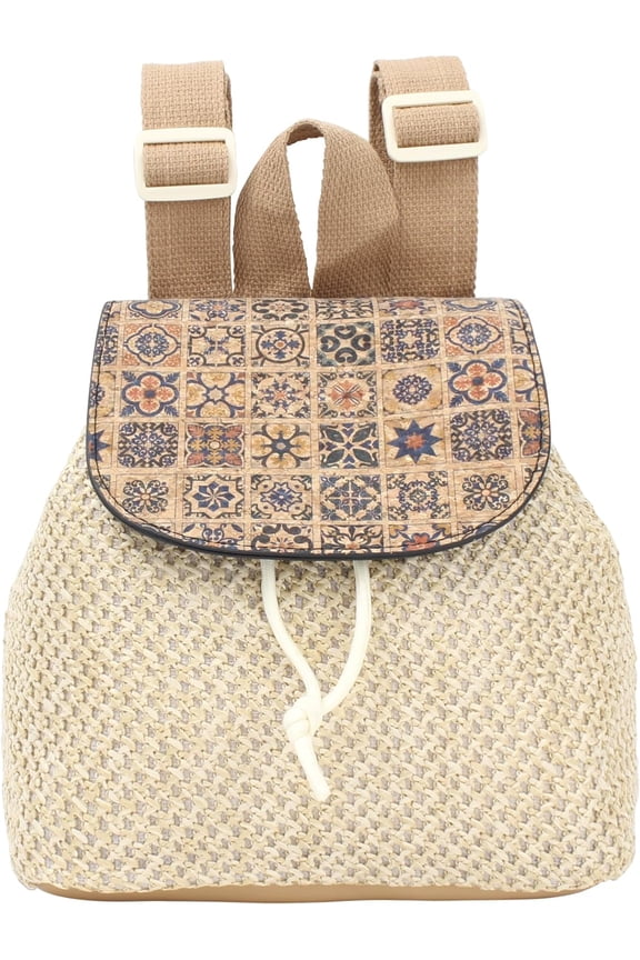 Women Small Tassels Straw Woven Backpack Flap Drawstring Bucket Bag