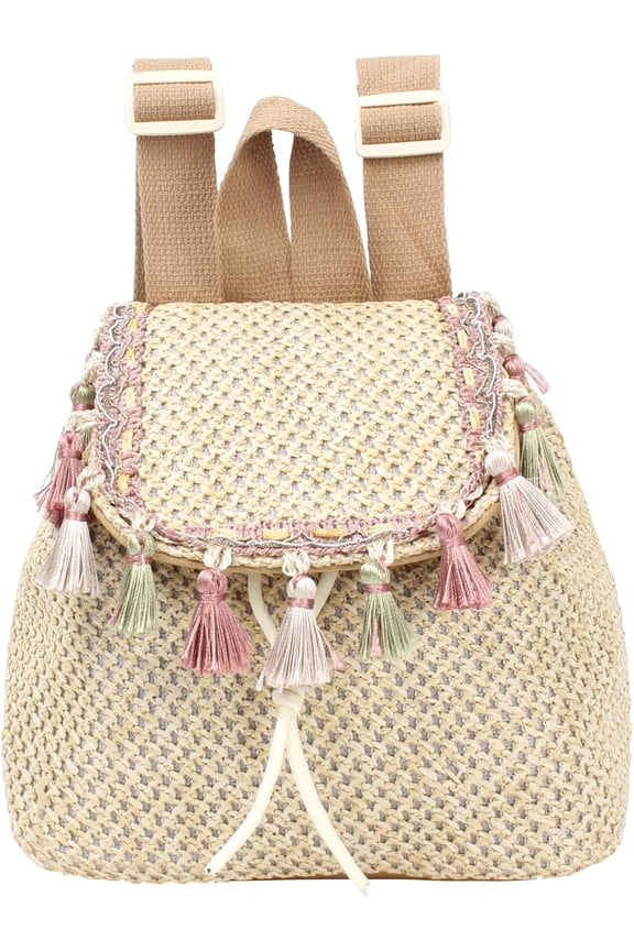 Women Small Tassels Straw Woven Backpack Flap Drawstring Bucket Bag