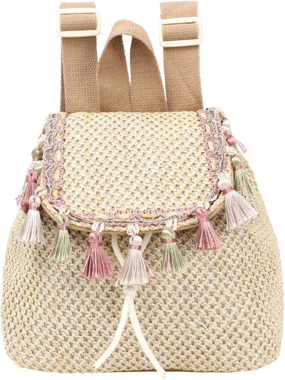 Women Small Tassels Straw Woven Backpack Flap Drawstring Bucket Bag