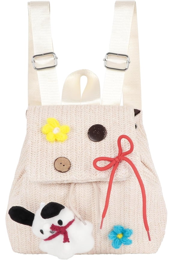 Women Small Tassels Straw Woven Backpack Flap Drawstring Bucket Bag