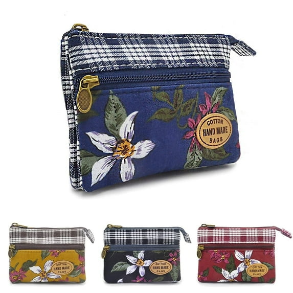 Women Small Zipper Coin Purse - Handmade Fabric Flower Embroidered Change Pouch - Cotton Double Zipper Wallet