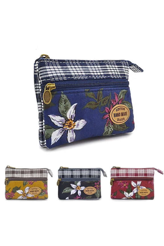 Women Small Zipper Coin Purse - Handmade Fabric Flower Embroidered Change Pouch - Cotton Double Zipper Wallet