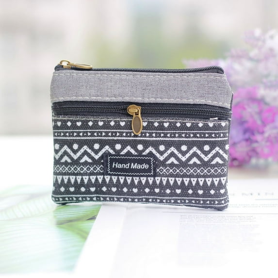 Women Small Zipper Coin Purse - Handmade Fabric Flower Embroidered Change Pouch - Cotton Double Zipper Wallet