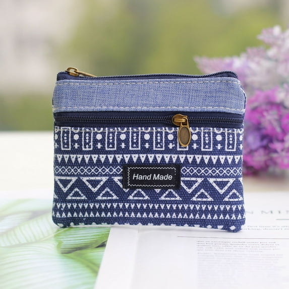 Women Small Zipper Coin Purse - Handmade Fabric Flower Embroidered Change Pouch - Cotton Double Zipper Wallet