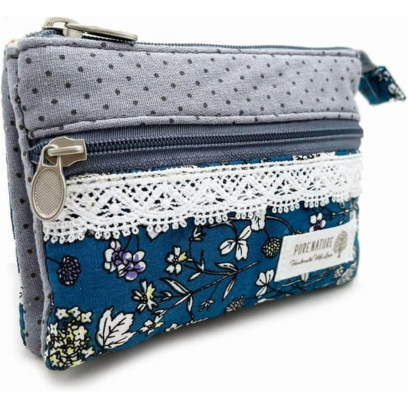 Women Small Zipper Coin Purse - Handmade Fabric Flower Embroidered Change Pouch - Cotton Double Zipper Wallet