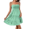 thumbnail image 1 of Women Smock Cami Mini Dress Spaghetti Strap Sleeveless Summer Vacation Flowy Boho A Line Swing Short Dresses Mint Green S, 1 of 7