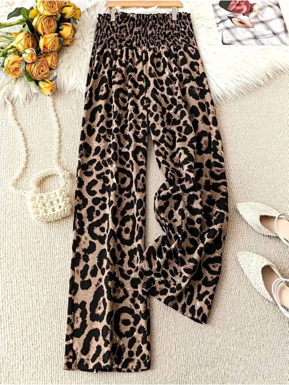 Women Smocked Elastic Waist Wide Leg Pants, Leopard Print Flowy Trousers for Spring Summer Autumn Casual Wear