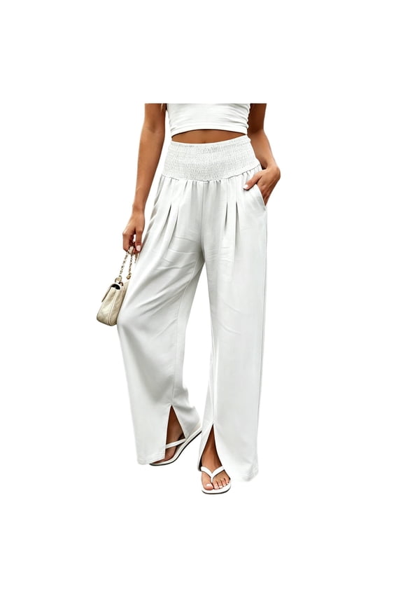 Women Smocked High Waist Pants Split Hem Wide Leg Trousers Pleated Palazzo Pant with Pocket Solid Summer Linen Trouser Loose Breathable Daily Travel Bottoms