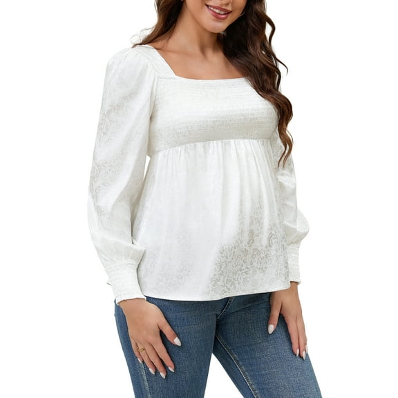 INSPIRE CHIC Women Smocked Maternity Tops Square Neck Long Sleeve Shirts Basic Pregnancy Blouses M White