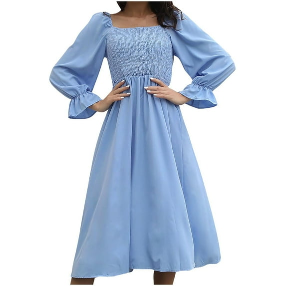Women Smocked Midi Dresses Ruffle Lantern Long Sleeve Square Neck Flowy Lightweight Comfortable Sundress