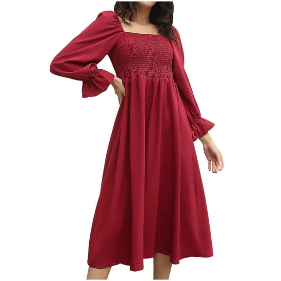 Women Smocked Midi Dresses Ruffle Lantern Long Sleeve Square Neck Flowy Lightweight Comfortable Sundress