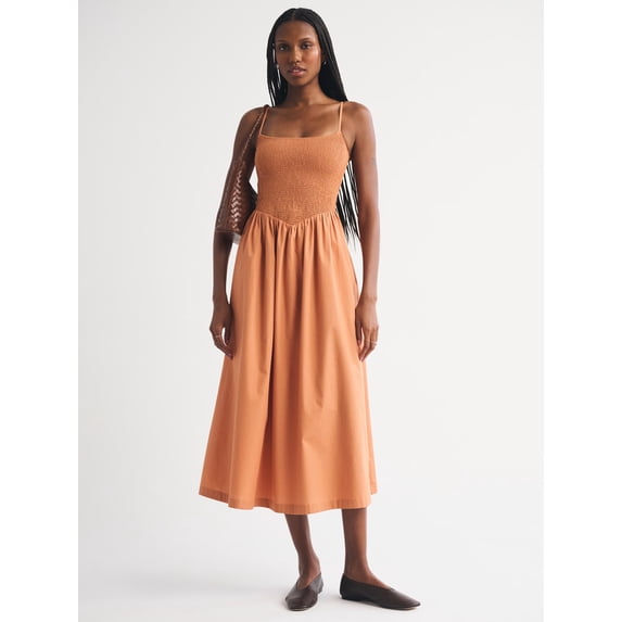 Women Smocked Spaghetti Strap Midi Dress, Summer Beach Floral Solid Stripe Tank Midi Dress for Everyday Wear