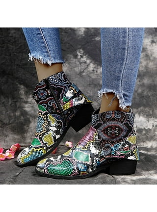Women Snake Pattern Suqare Heels Zipper Embroidery Short Booties Round Toe Shoes  Classic Short Sequin Boot Green: : Fashion
