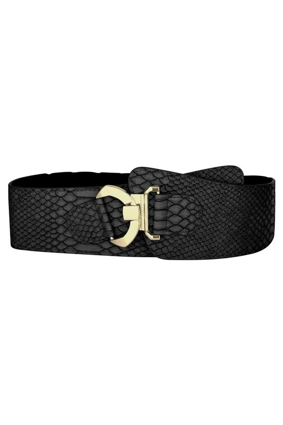 Women Snake Print Elastic Stretchy Slanted Wide Faux Leather Waist Belt Black Fit Waist Size: 72-84cm/28.35-33.07"
