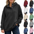 thumbnail image 1 of Women Snap Button Quarter Zip Hoodie Sevevn Stand Collar Drop Shoulder Long Sleeve Loose Fit Oversized Solid Casual Pullover Sweatshirt, 1 of 9